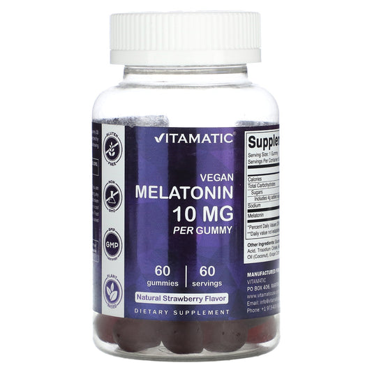 Vitamatic, Vegan Melatonin Gummies, Natural Strawberry, 10 mg, 60 Gummies