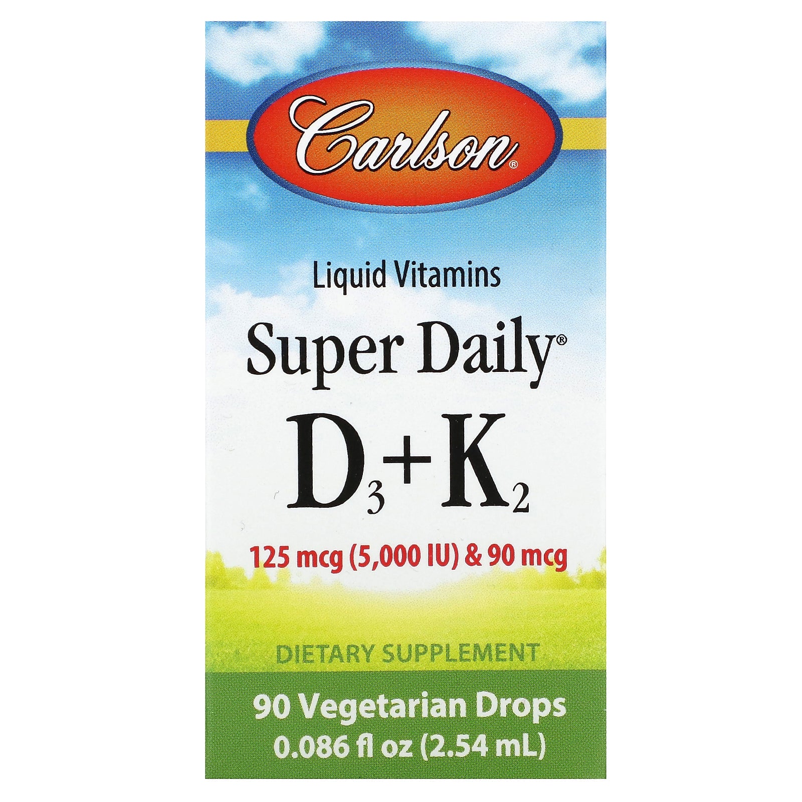 Carlson, Super Daily® D3 + K2, 125 mcg (5,000 IU) & 90 mcg, 0.086 fl oz (2.54 ml)