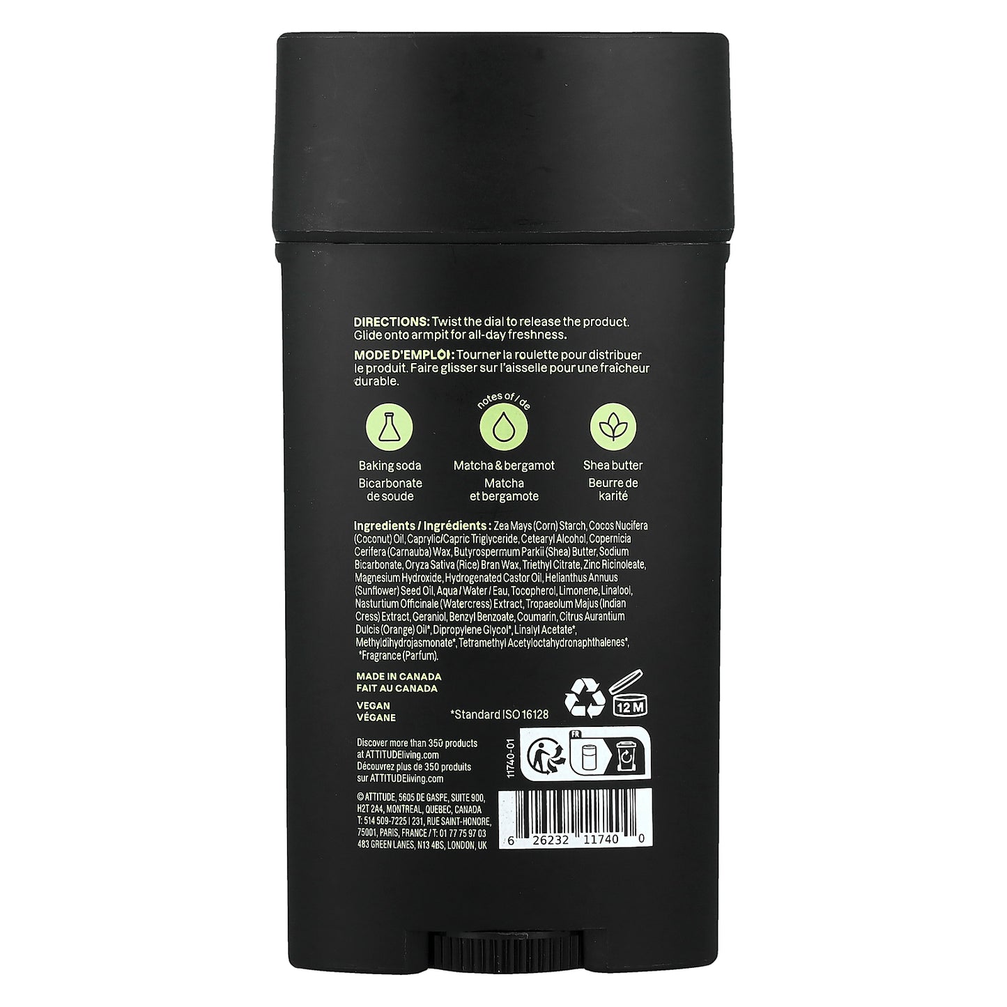 ATTITUDE, Super Leaves™, Aluminum-Free Deodorant, For Men, Matcha & Bergamot, 2.64 oz (75 g)