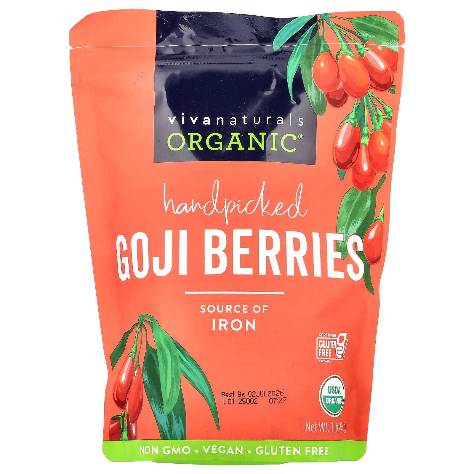Viva Naturals, Organic Handpicked Goji Berries, 1 lb (454 g)