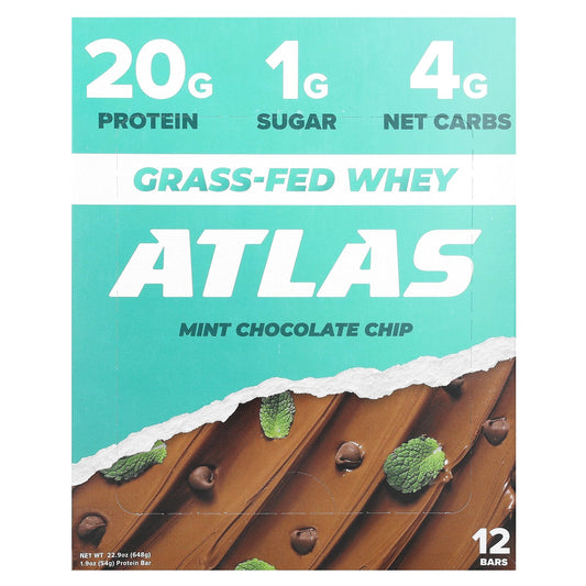 Atlas Bar, Grass-Fed Whey Protein Bar, Mint Chocolate Chip, 12 Bars, 1.9 oz (54 g) Each