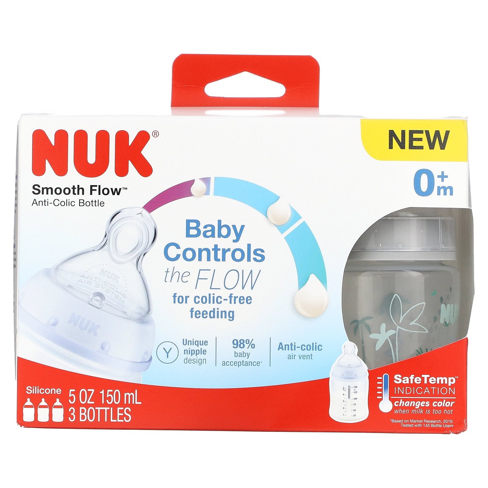 NUK, Smooth Flow, Anti-Colic Bottle, 0+ Months, 3 Bottles, 5 oz (150 ml) Each