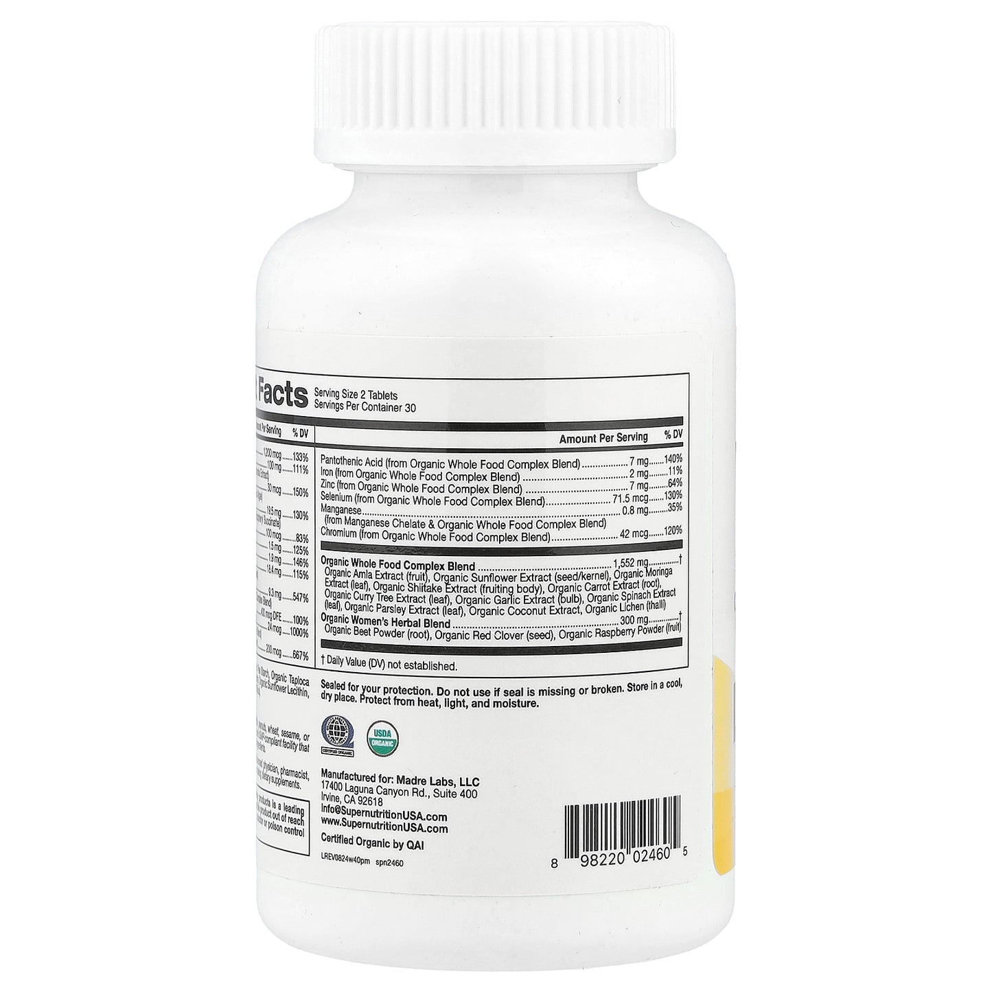 Super Nutrition, Organic Whole Food Women's 40+ Multivitamin with Organic Amla Extract, Organic Sunflower Extract, Organic Moringa Extract, and Organic Shiitake Extract , 60 Tablets