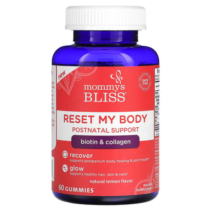 Mommy's Bliss, Postnatal Reset My Body With Biotin & Collagen, Natural Lemon, 60 Gummies