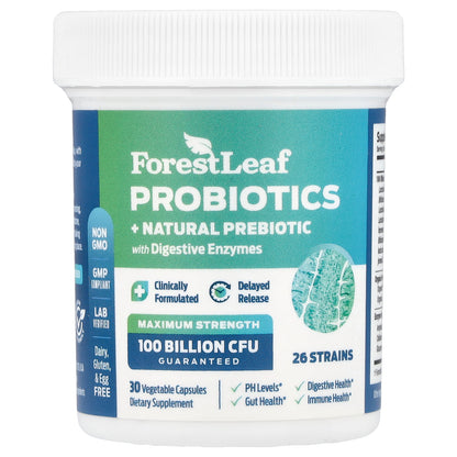 Forest Leaf, Probiotics + Natural Prebiotic with Digestive Enzymes, Maximum Strength, 30 Vegetarian Capsules