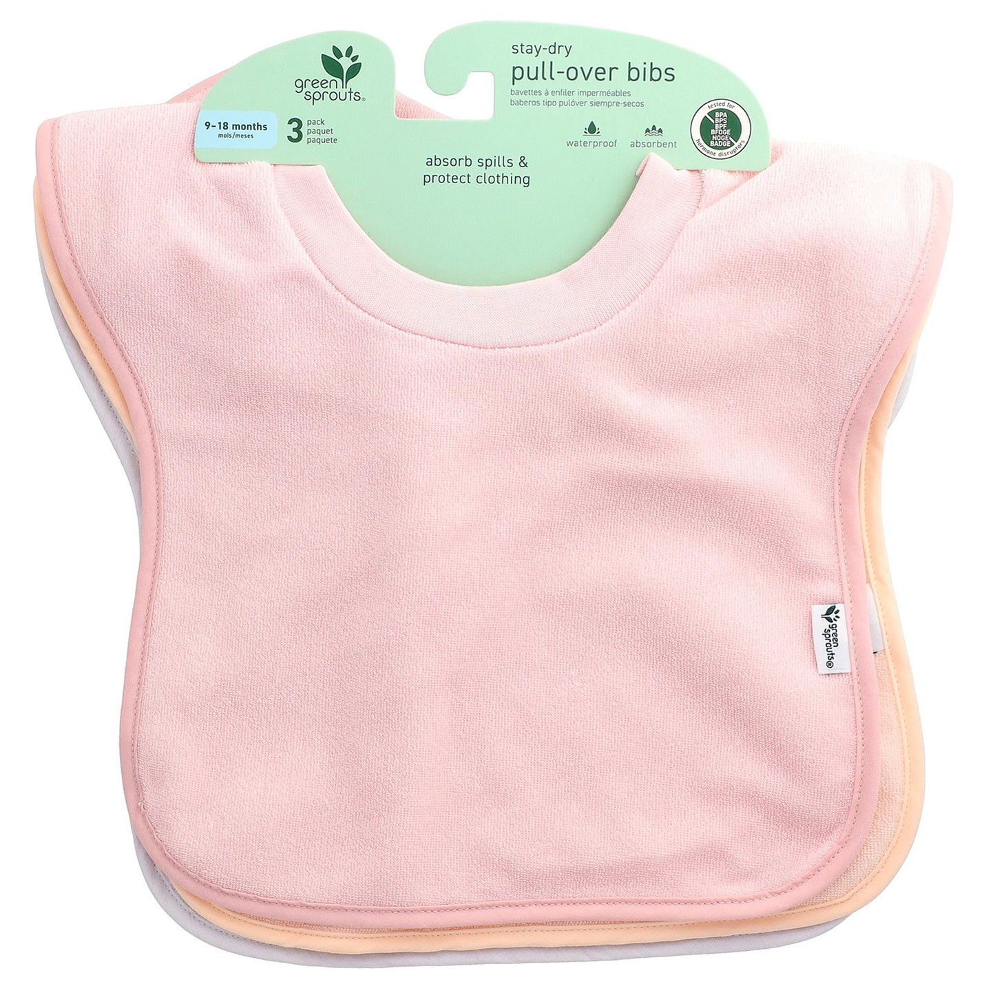 Green Sprouts, Stay-Dry Pull-Over Bibs, 9-18 Months, 3 Pack
