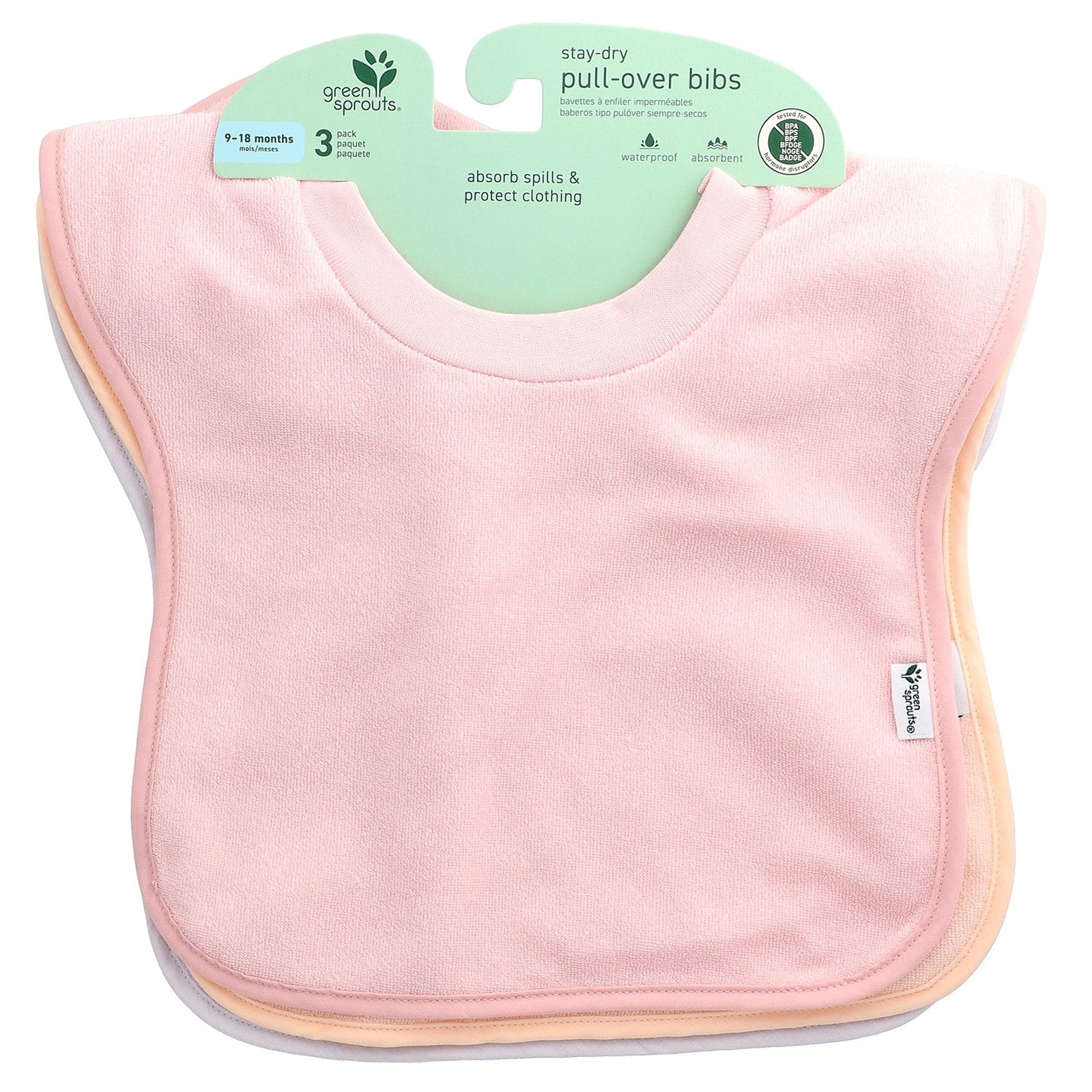 Green Sprouts, Stay-Dry Pull-Over Bibs, 9-18 Months, 3 Pack
