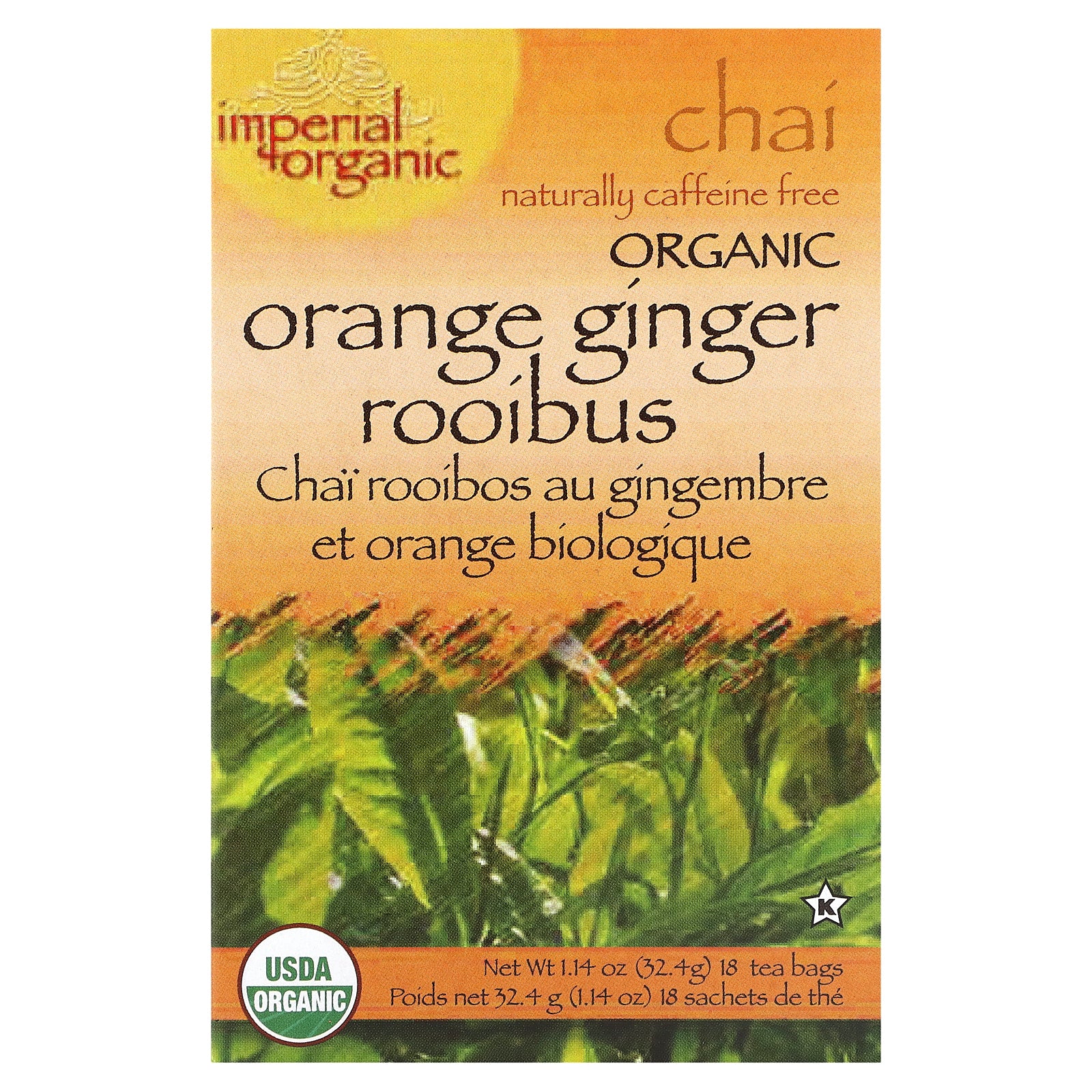 Uncle Lee's Tea, Imperial Organic, Orange Ginger Rooibus Chai, Caffeine Free, 18 Tea Bags, 1.14 oz (32.4 g)