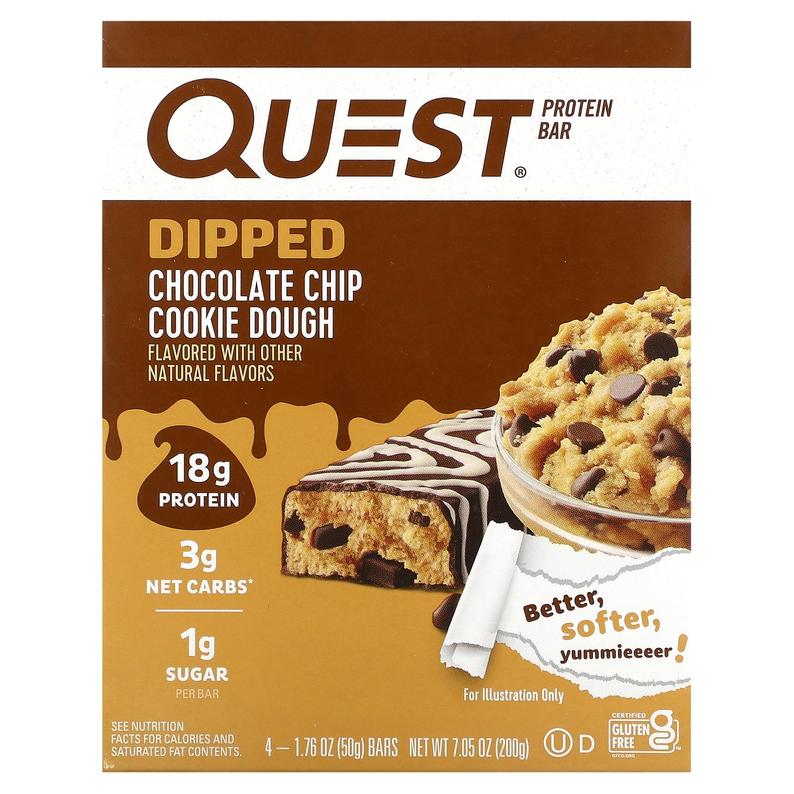 Quest Nutrition, Protein Bar, Dipped Chocolate Chip Cookie Dough, 4 Bars, 1.76 oz (50 g) Each