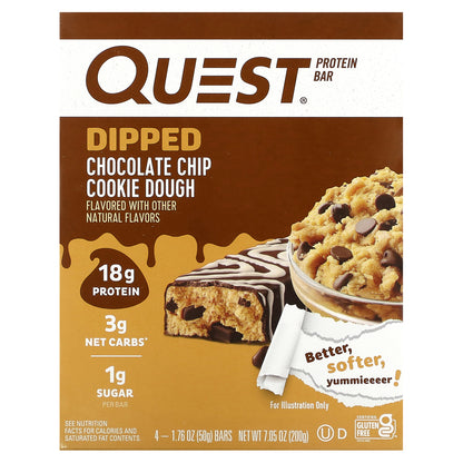 Quest Nutrition, Protein Bar, Dipped Chocolate Chip Cookie Dough, 4 Bars, 1.76 oz (50 g) Each