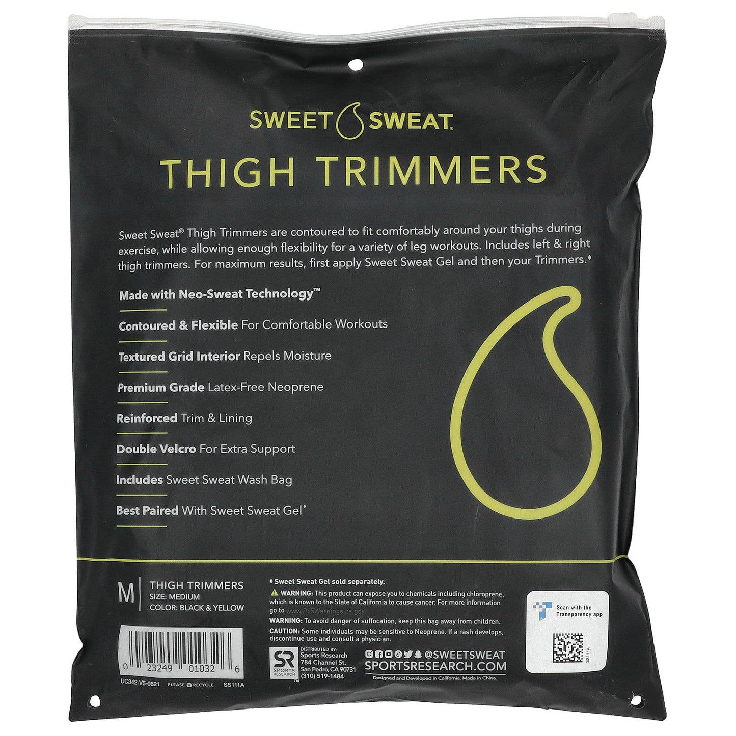 Sports Research, Sweet Sweat®, Thigh Trimmers, Medium, Black & Yellow, 1 Pair