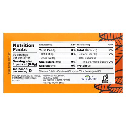 SweetLeaf Stevia, Monk Fruit Organic Sweetener Granular, 80 Packets, 2.26 oz (64 g)