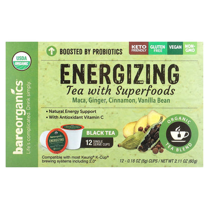 BareOrganics, Energizing, Tea with Superfoods, Black Tea, 12 Cups, 0.18 oz (5 g) Each