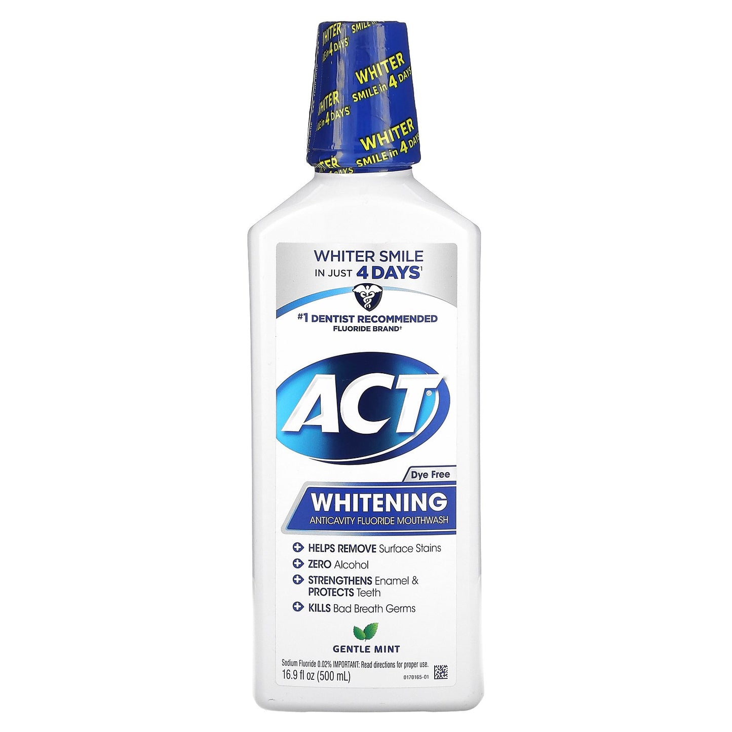 ACT, Whitening Anticavity Fluoride Mouthwash, Alcohol Free, Gentle Mint, 16.9 fl oz (500 ml)