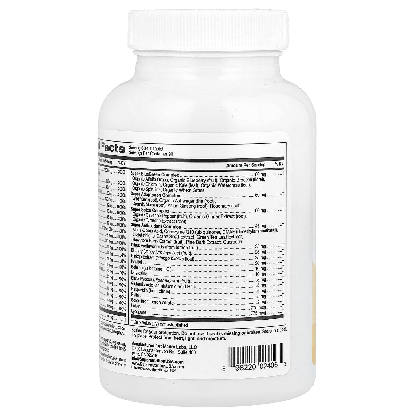 Super Nutrition, SimplyOne®, 50+ Women Multivitamin + Super Complexes with Vitamin A, Vitamin C, Minerals, and Botanicals, Iron Free, 90 Tablets