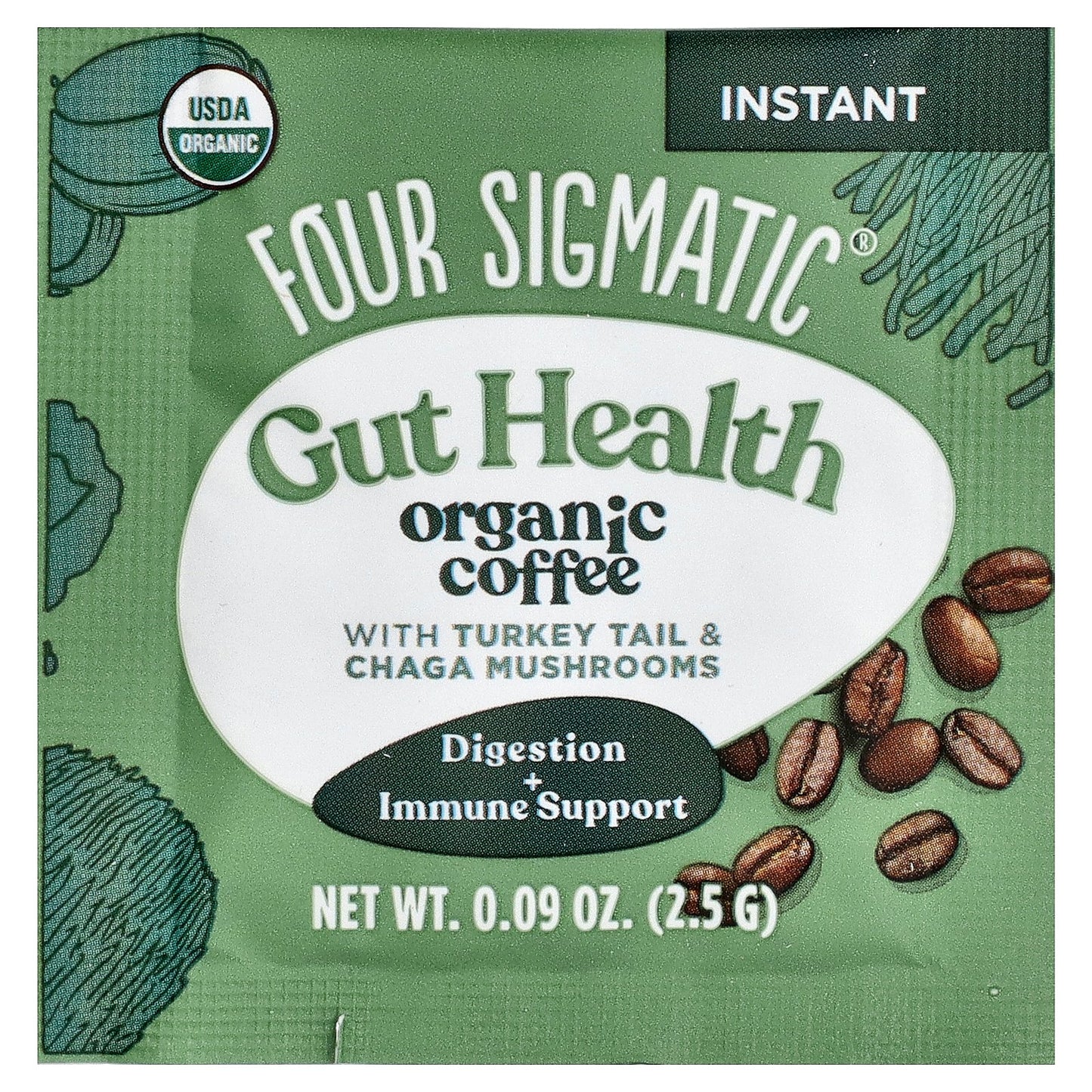 Four Sigmatic, Gut Health, Organic Instant Coffee with Turkey Tail & Chaga Mushrooms, Medium Roast, 10 Packets, 0.09 oz (2.5 g)