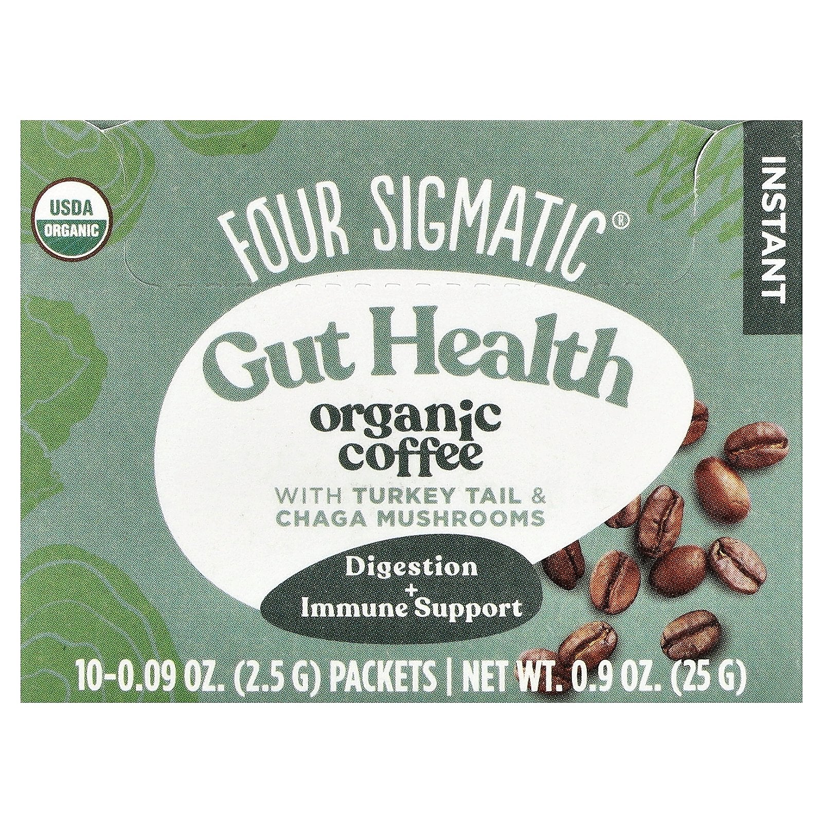 Four Sigmatic, Gut Health, Organic Instant Coffee with Turkey Tail & Chaga Mushrooms, Medium Roast, 10 Packets, 0.09 oz (2.5 g)