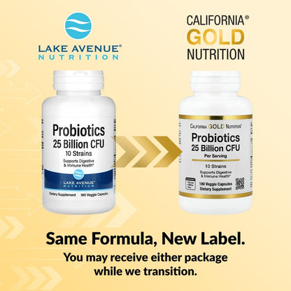 California Gold Nutrition, Probiotics with Lactobacillus acidophilus, Bifidobacterium lactis, Lactobacillus plantarum, and Lactobacillus casei, 10 Strain Blend, 25 Billion CFU, 180 Veggie Capsules