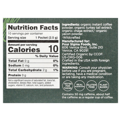 Four Sigmatic, Gut Health, Organic Instant Coffee with Turkey Tail & Chaga Mushrooms, Medium Roast, 10 Packets, 0.09 oz (2.5 g)