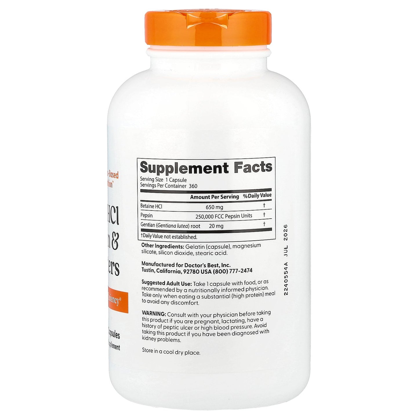 Doctor's Best, Betaine HCl, Pepsin and Gentian Bitters, 360 Capsules