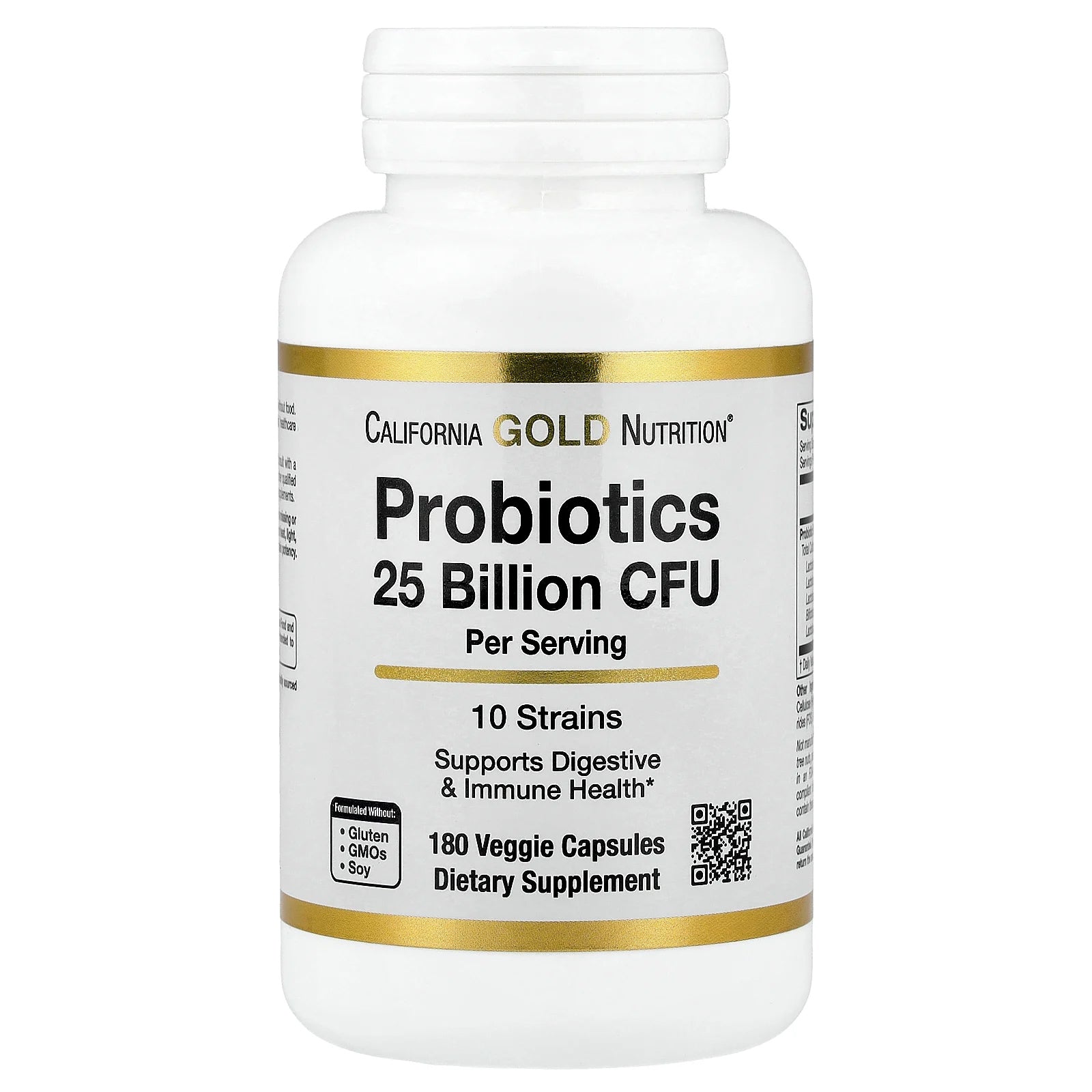 California Gold Nutrition, Probiotics with Lactobacillus acidophilus, Bifidobacterium lactis, Lactobacillus plantarum, and Lactobacillus casei, 10 Strain Blend, 25 Billion CFU, 180 Veggie Capsules