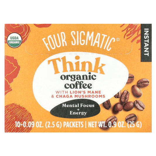 Four Sigmatic, Think, Instant Organic Coffee with Lion's Mane & Chaga Mushrooms, Medium Roast, 10 Packets, 0.09 oz (2.5 g) Each