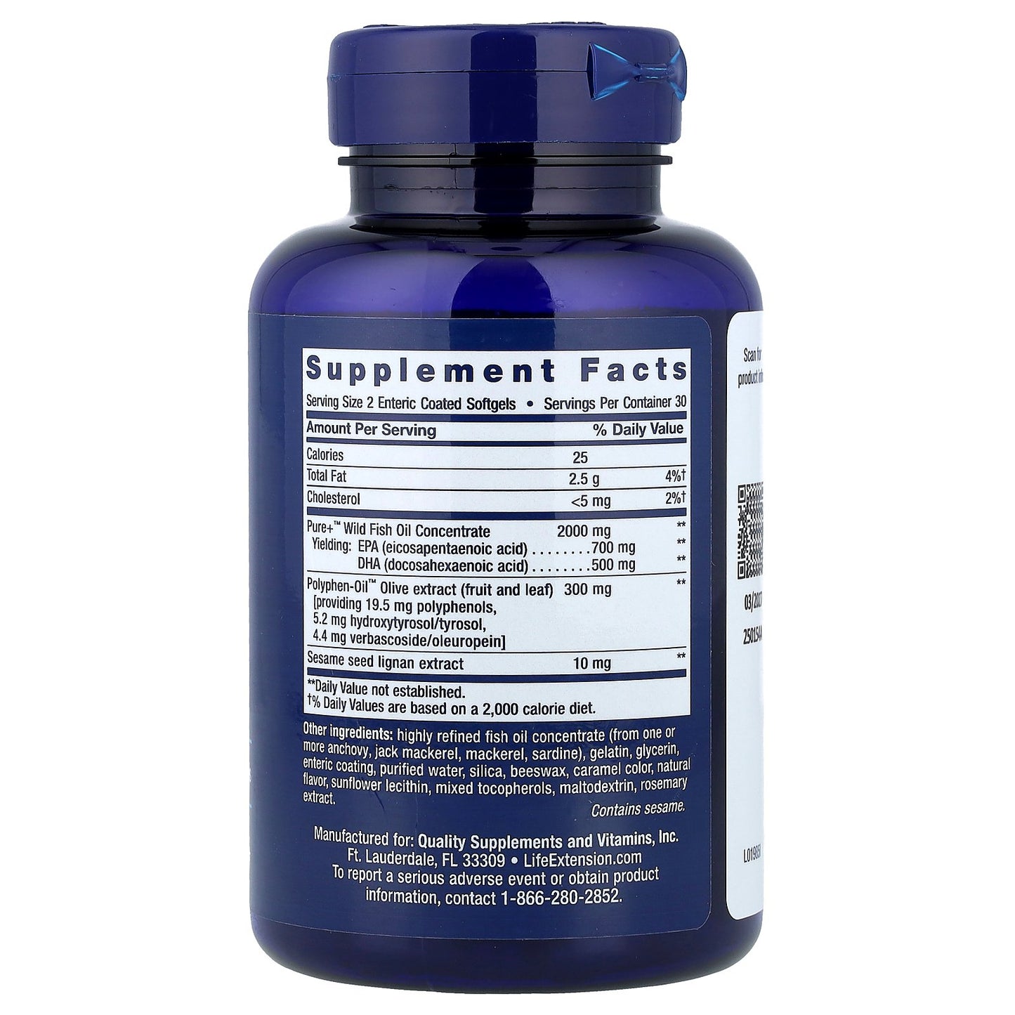 Life Extension, Super Omega-3, EPA/DHA Fish Oil, Sesame Lignans & Olive Extract, 60 Enteric Coated Softgels