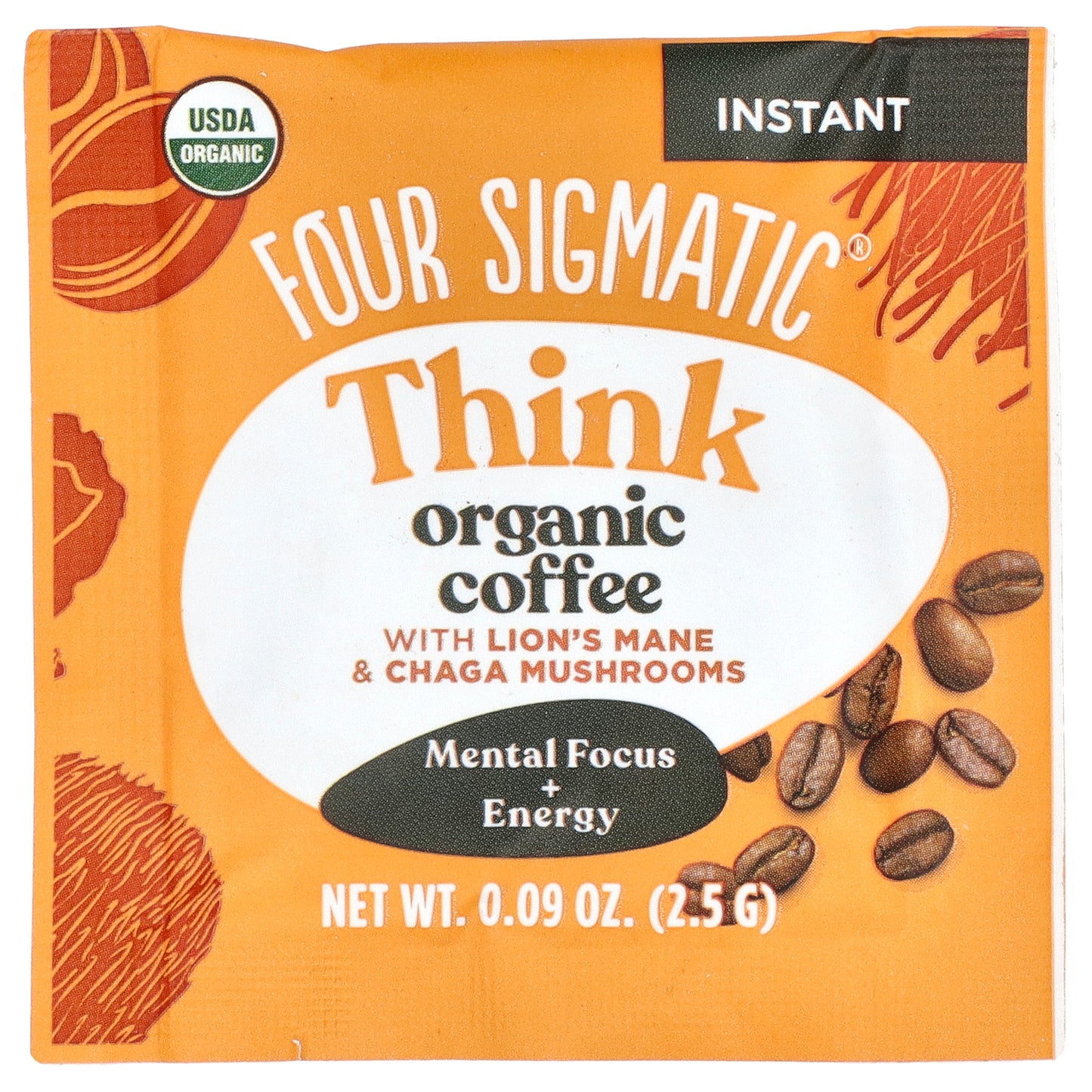 Four Sigmatic, Think, Instant Organic Coffee with Lion's Mane & Chaga Mushrooms, Medium Roast, 10 Packets, 0.09 oz (2.5 g) Each