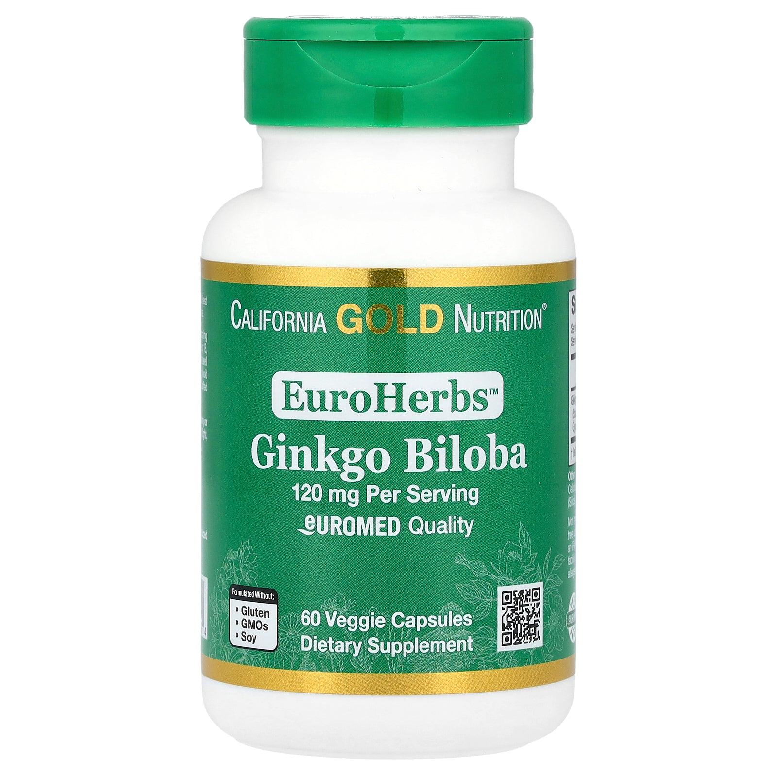 California Gold Nutrition, EuroHerbs™, Ginkgo Biloba Extract, Euromed Quality, 120 mg, 60 Veggie Capsules