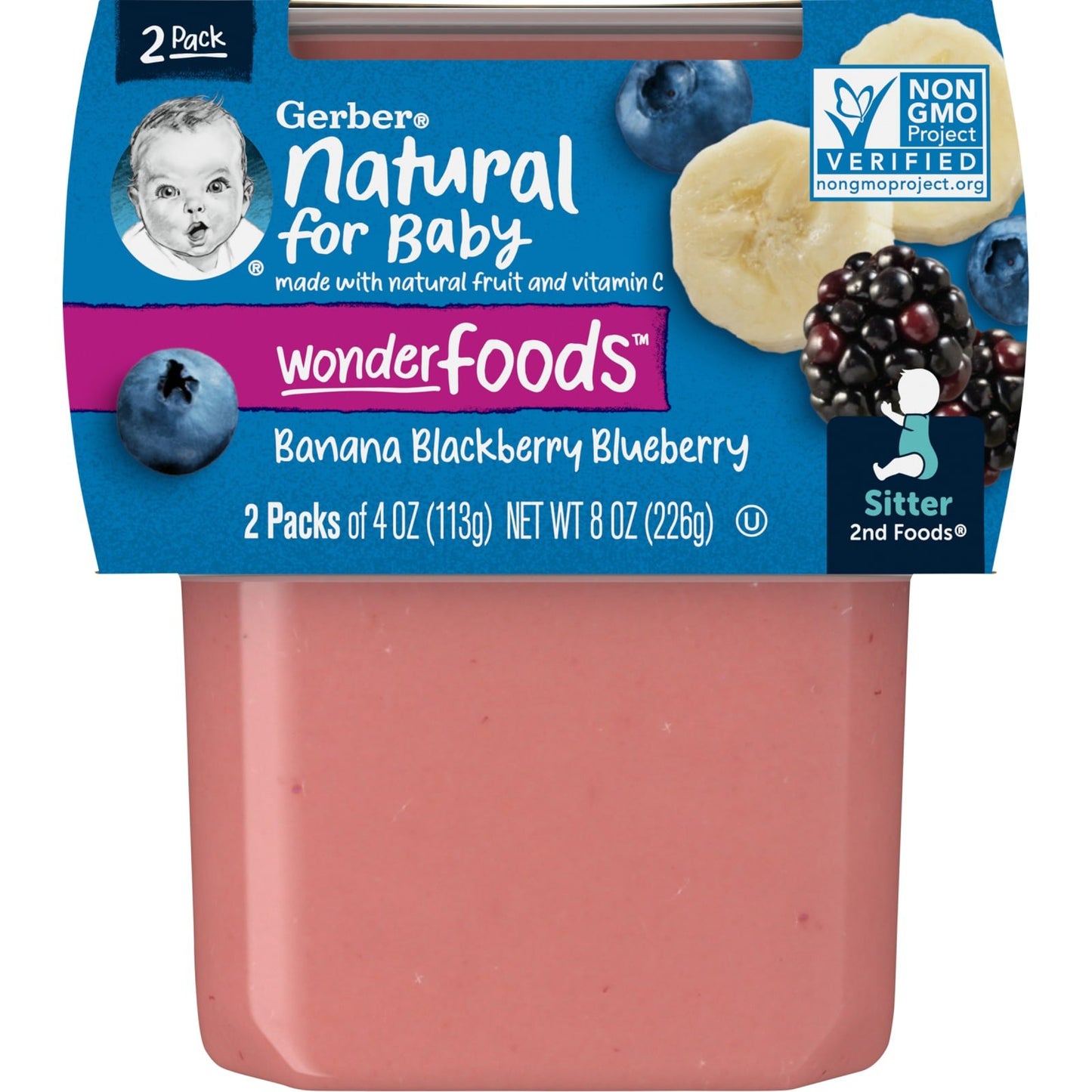 Gerber, Natural for Baby, Wonder Foods™, 2nd Foods®, Banana, Blackberry, Blueberry, 2 Pack, 4 oz (113 g) Each