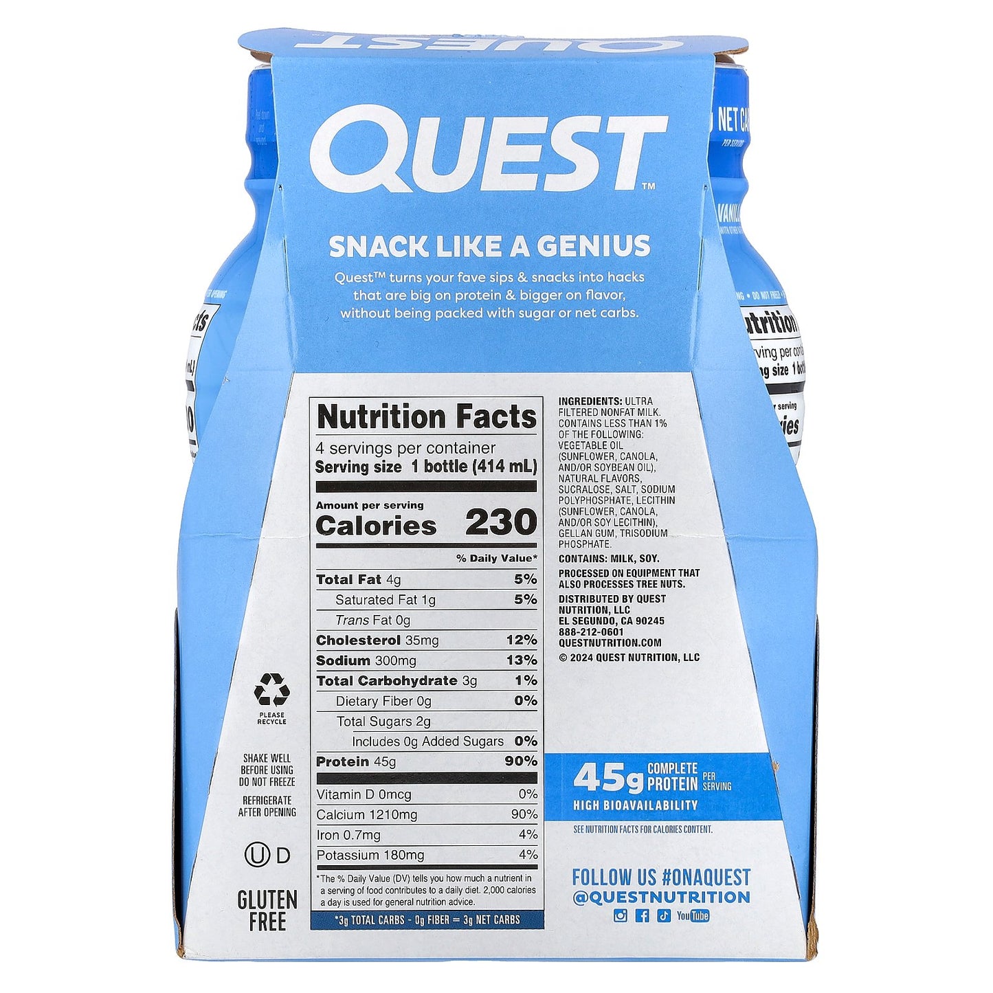 Quest Nutrition, Protein Milk Shake, Vanilla, 4 Bottles, 14 fl oz (414 ml) Each