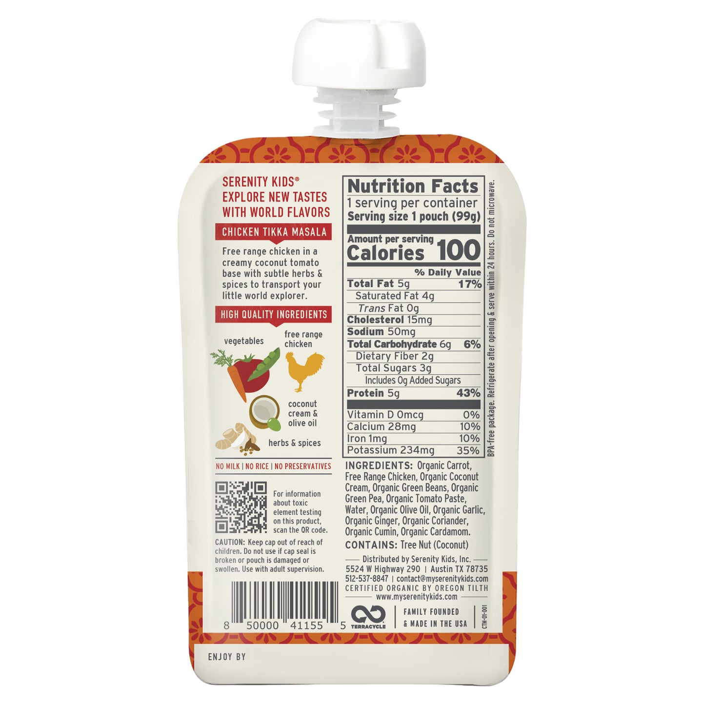 Serenity Kids, Free Range Chicken Tikka Masala with Carrot, Coconut Cream, Green Beans, Herbs & Spices, 6+ Months, 3.5 oz (99 g)