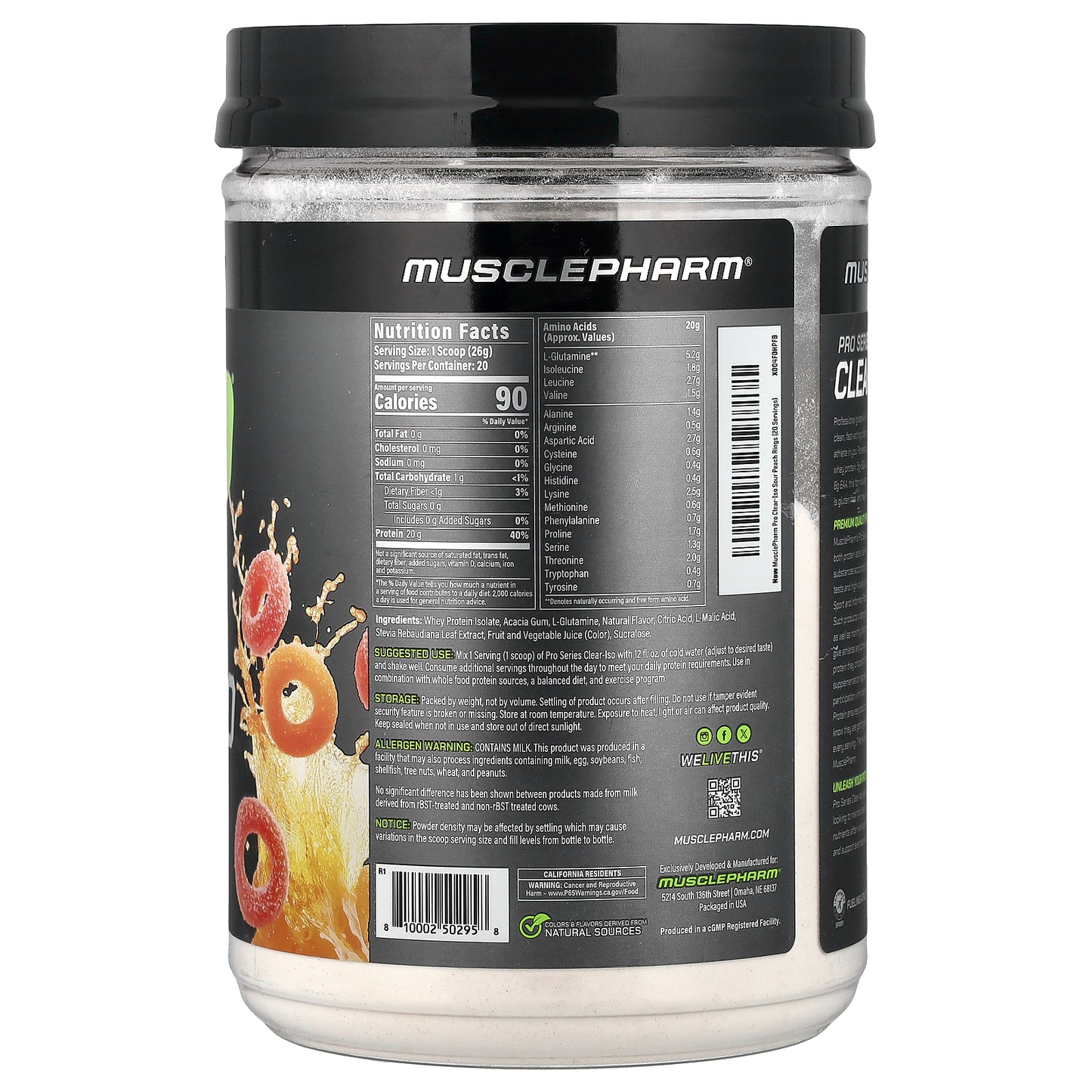 MusclePharm, Pro Series Clear-ISO, Protein Powder Drink Mix, Sour Peach Rings, 1.14 lbs (520 mg)