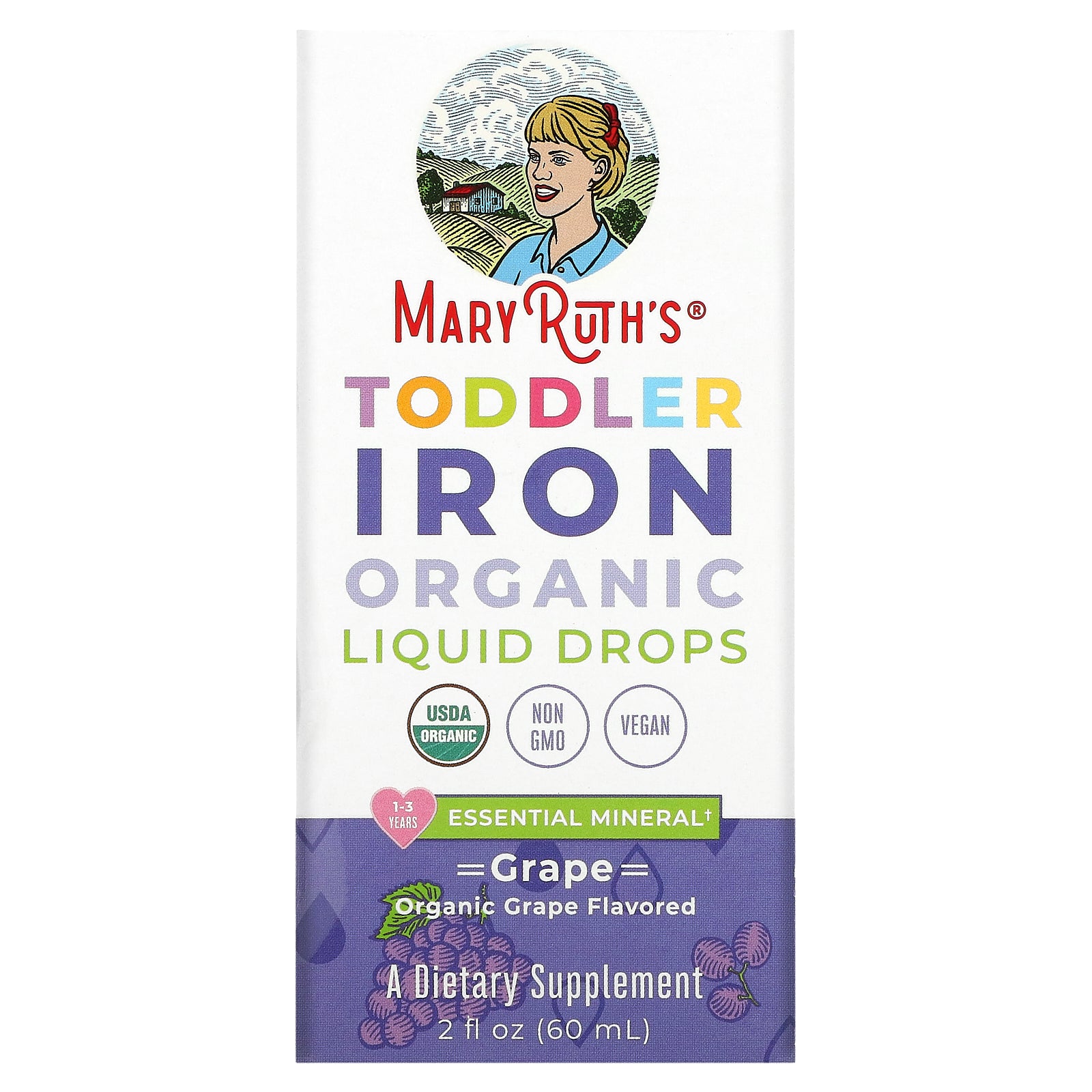 MaryRuth's, Toddler Iron Organic Liquid Drops, 1-3 Years, Grape, 2 fl oz (60 ml)