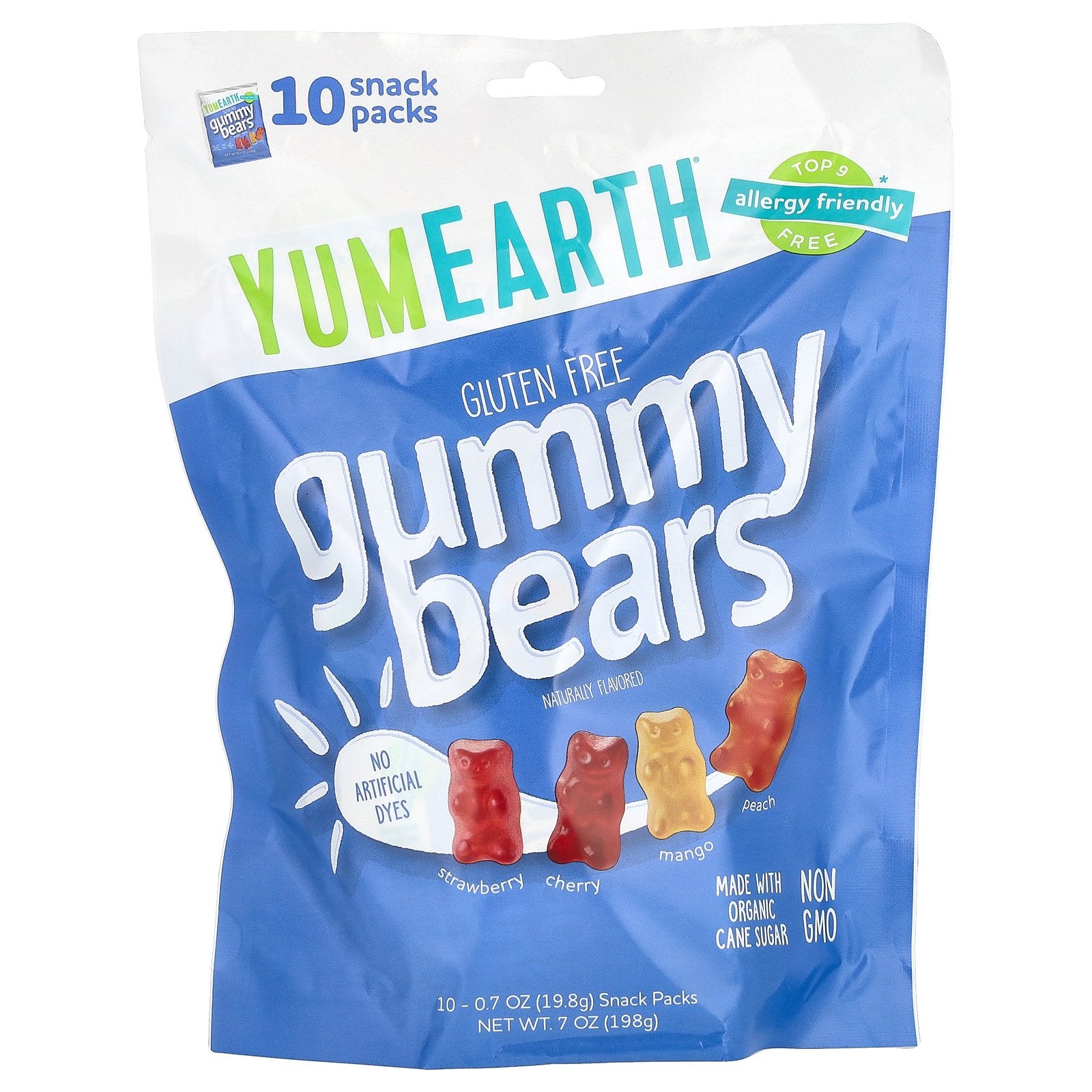 YumEarth, Gluten Free Gummy Bears, Strawberry, Cherry, Mango, Peach, 10 Snack Packs, 0.7 oz (19.8 g) Each