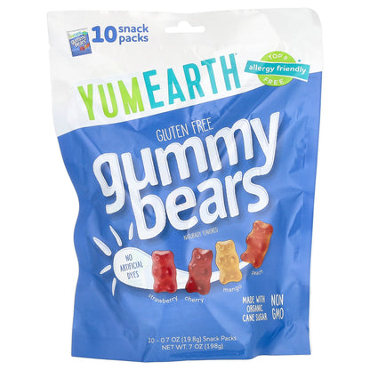 YumEarth, Gluten Free Gummy Bears, Strawberry, Cherry, Mango, Peach, 10 Snack Packs, 0.7 oz (19.8 g) Each