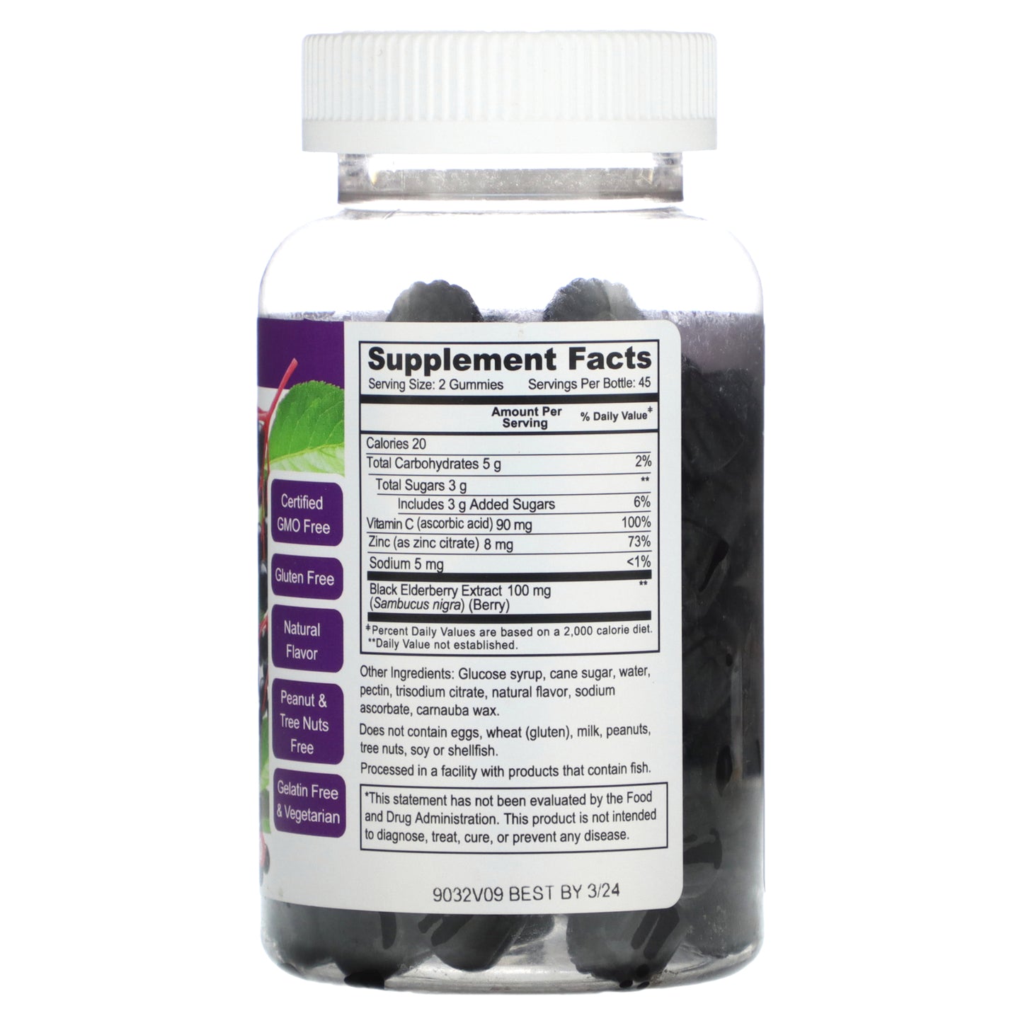 Doctor's Finest, Standardized Elderberry, Vitamin C & Zinc, Berry, 90 Gummies