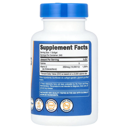 Nutricost, Vitamin D3, 250 mcg (10,000 IU), 240 Softgels
