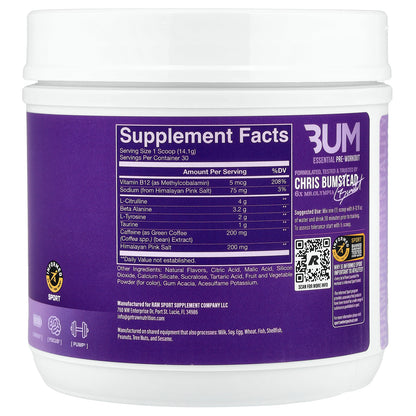 Raw Nutrition, Bum Essentials, Essential Pre-Workout, Grape, 14.92 oz (423 g)