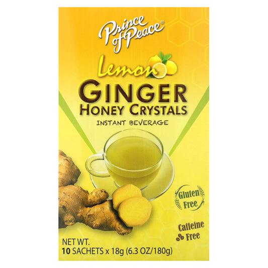 Prince of Peace, Ginger Honey Crystals Instant Beverage, Caffeine Free, Lemon, 10 Sachets, 6.3 oz (180 g)