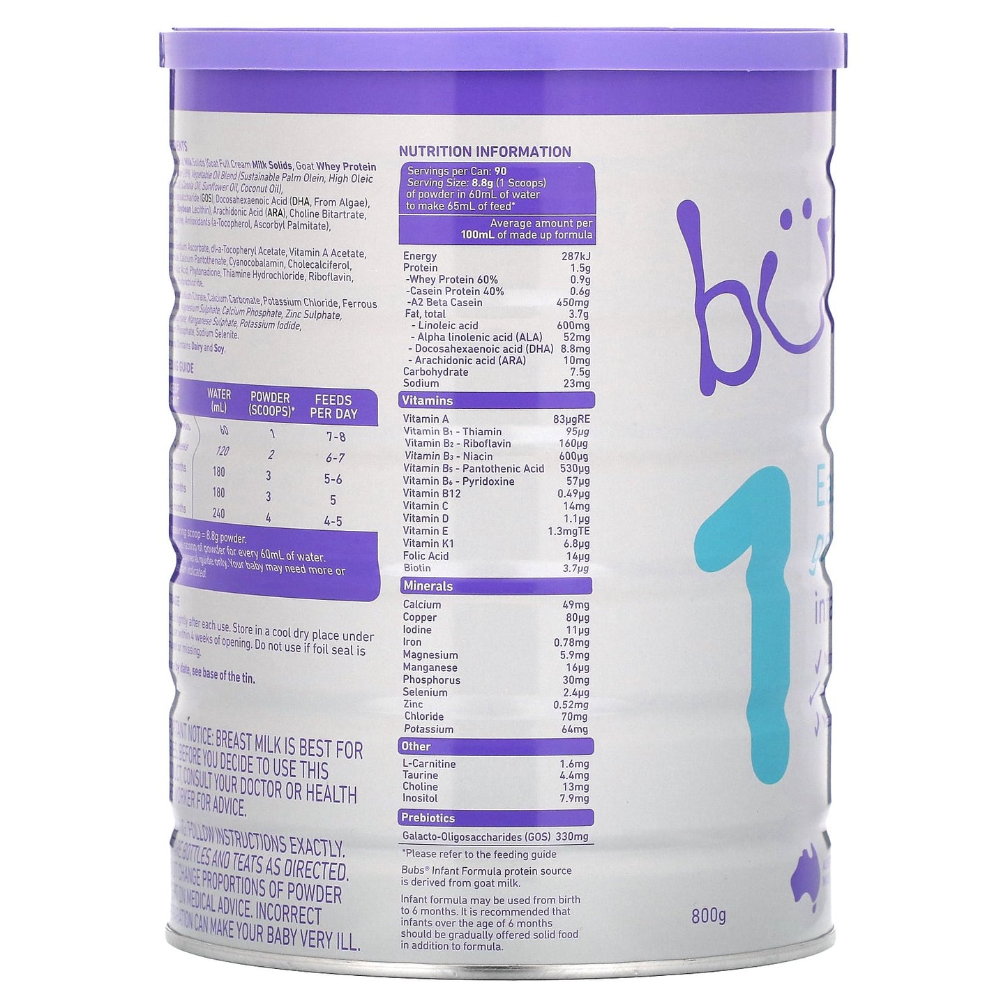 Aussie Bubs, Easy-Digest Goat Milk Infant Formula, 0-6 Months, 800 g