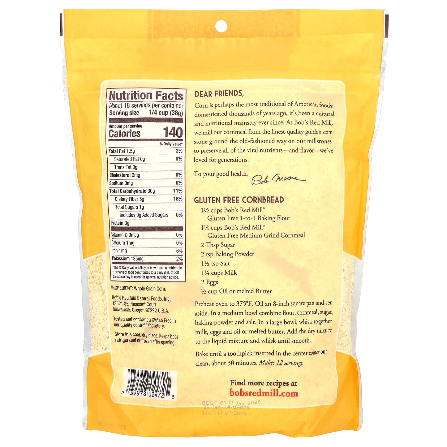 Bob's Red Mill, Cornmeal, Medium Grind, Whole Grain, 24 oz (680 g)