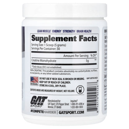 GAT, Sport, Essentials, Creatine Powder, Unflavored, 5.3 oz (150 g)