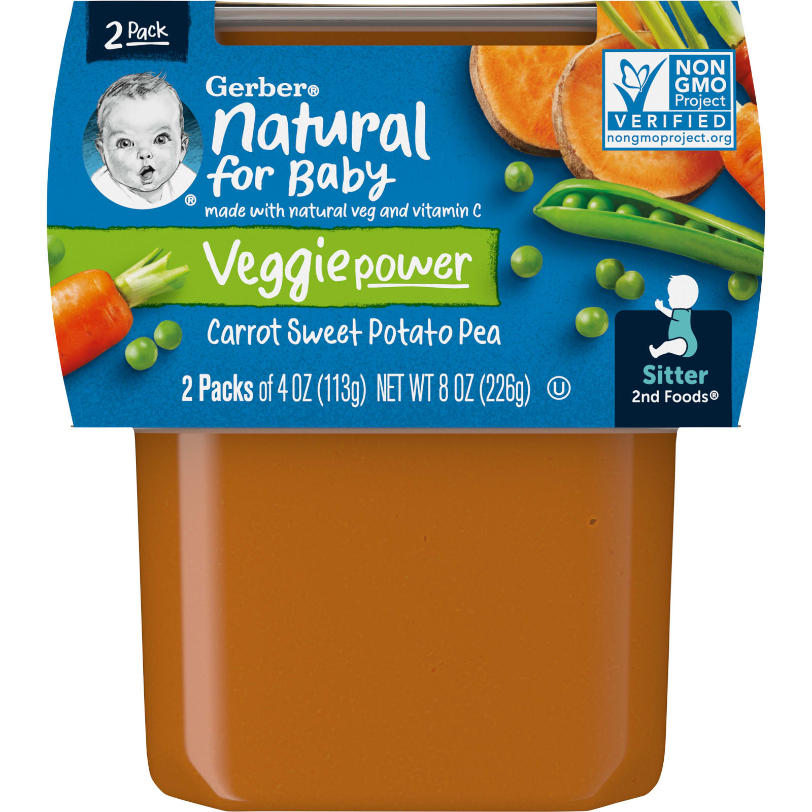 Gerber, Natural for Baby, Veggie Power, 2nd Foods, Carrot Sweet Potato Pea, 2 Pack, 4 oz (113 g) Each