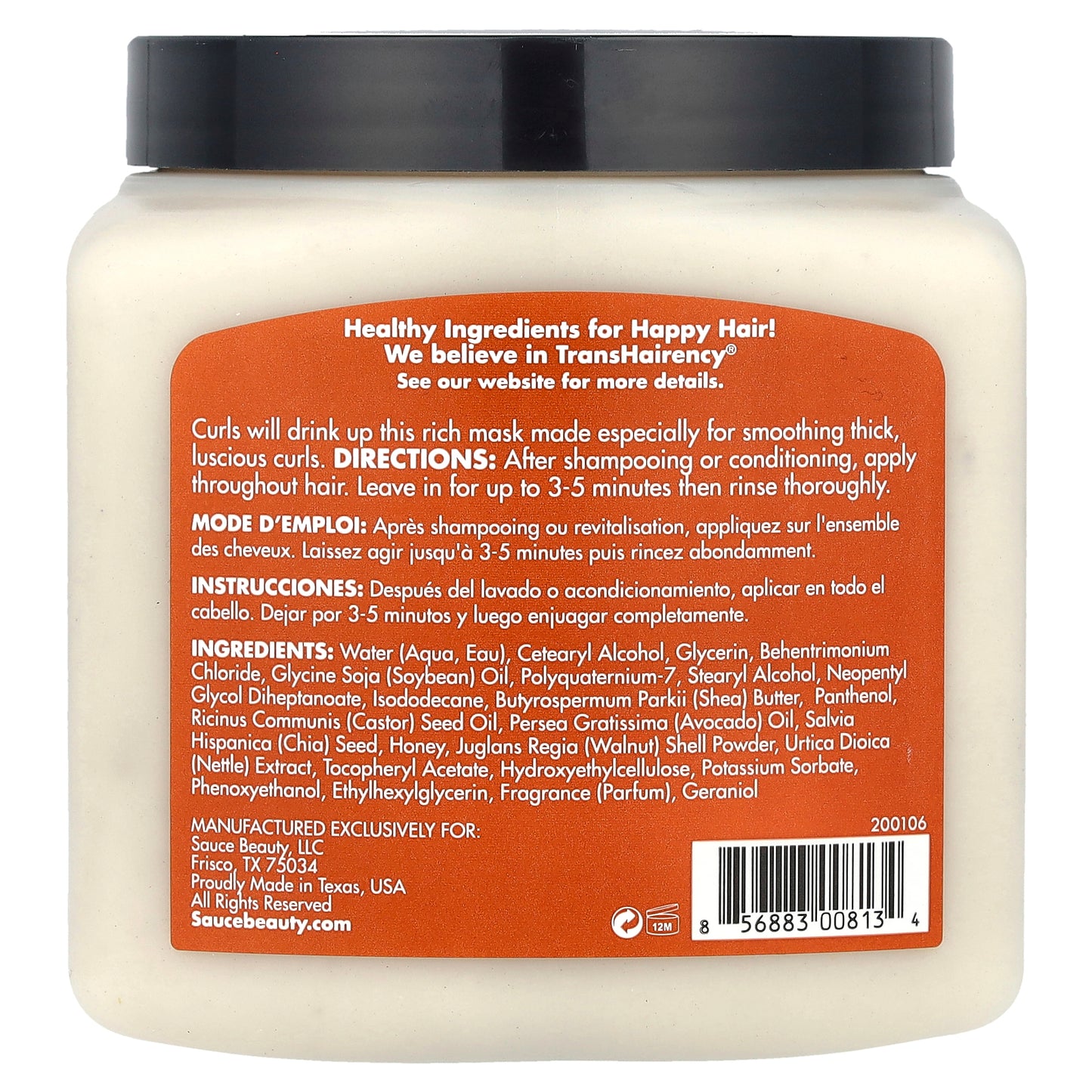 Sauce Beauty, Smoothing Curl Hair Mask, Honey Chia, 10.5 oz (298 g)