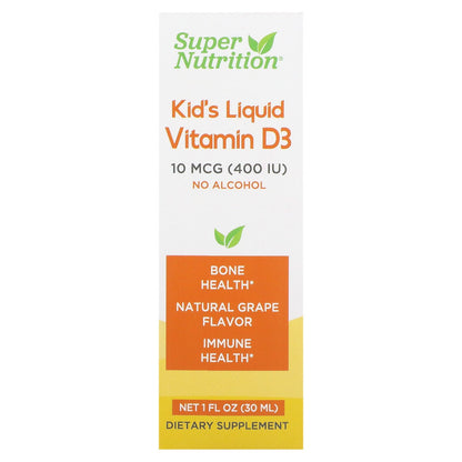 Super Nutrition, Kid’s Liquid Vitamin D3, No Alcohol, Grape, 10 mcg (400 IU), 1 fl oz (30 ml)