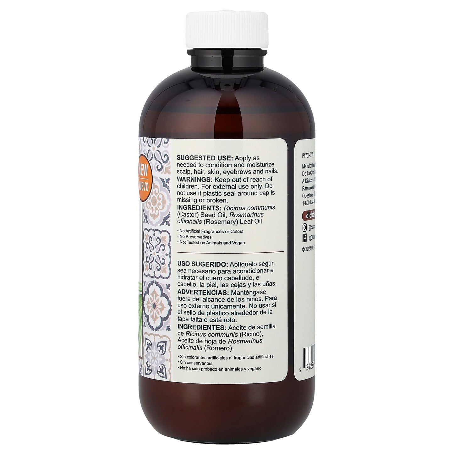 De La Cruz, Hair and Skin Oil, Castor Infused with Rosemary, 8 fl oz (236 ml)