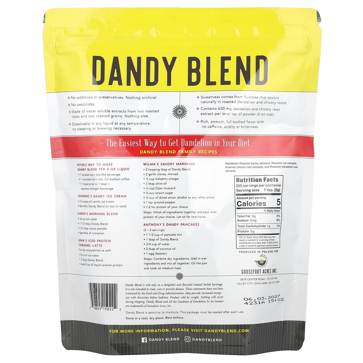 Dandy Blend, Instant Herbal Beverage with Dandelion, Caffeine Free, 14.1 oz (400 g)