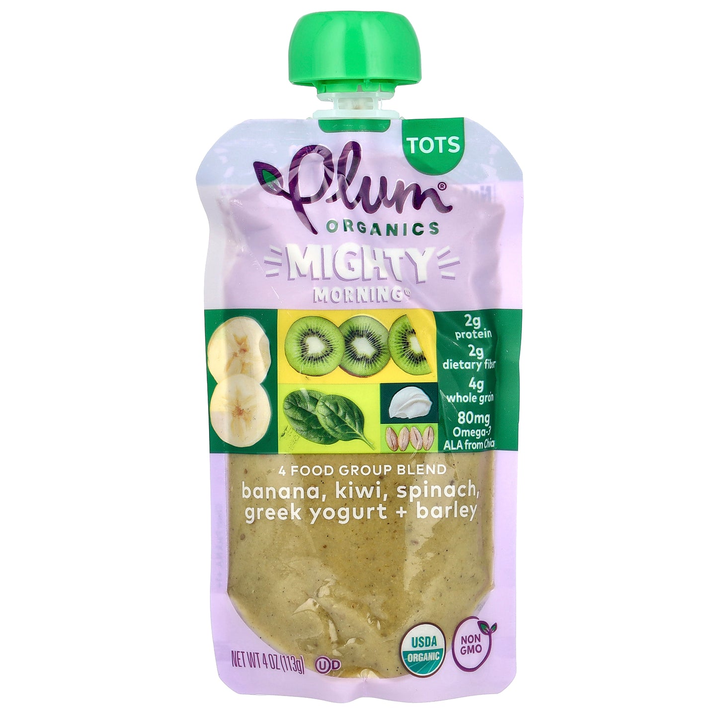 Plum Organics, Mighty Morning, 4 Food Group Blend, Tots, Banana, Kiwi, Spinach, Greek Yogurt + Barley, 4 oz (113 g)