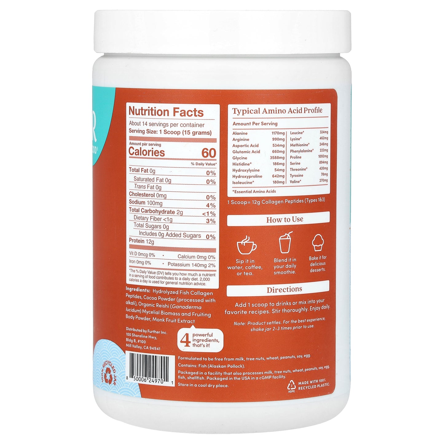 Further Food, Wild-Caught Marine Collagen + Reishi Mushroom, Chocolate, 7.41 oz (210 g)